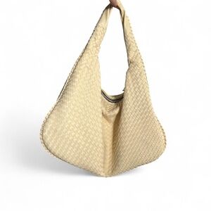 Cream woven hobo pleather shoulder bag